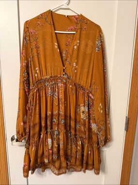 Free People Mustard Floral Smocked Waist Boho Mini Dress- chiffon, babydoll